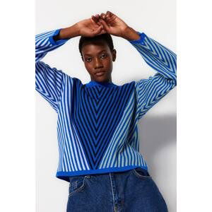 Trendyol Blue Color Block Crew Neck Knitwear Sweater