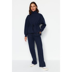 Trendyol Navy Blue Thessaloniki Fabric Ribbed Wide Straight/Plain Knit Sweatpants with Pockets