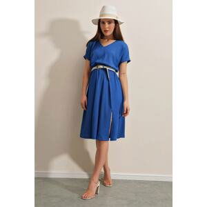 Bigdart 2378 V-Neck Knitted Dress with Slits - Sax