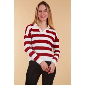 Bigdart 15777 Polo Collar Striped Sweater - Claret Red