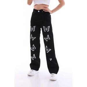 BİKELİFE Black Butterfly Print Detailed High Waist Palazzo Jeans