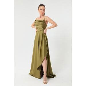 Lafaba Women's Oil Green Ruffles & Slit Satin Evening & Prom Dress