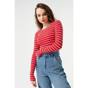 Lafaba Women's Red-ecru Corduroy Long-Sleeve Crop Top