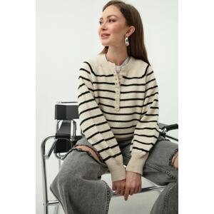 Lafaba Women's Ecru Buttonhole Turtleneck Striped Knitwear Sweater