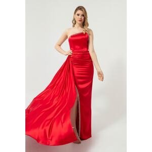 Lafaba Women's Red One-Shoulder Stone Long Satin Evening Dress