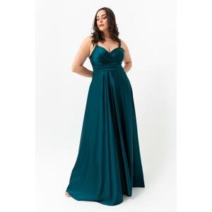 Lafaba Women's Petrol Plus Size Satin Long Evening Dress & Prom Dress with Rope Straps