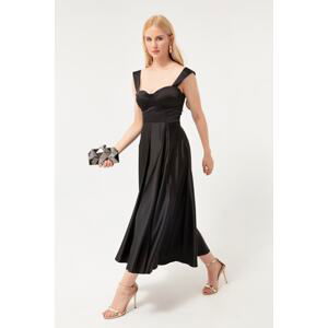 Lafaba Women's Black Strapless Flare Cut Midi Satin Evening Dress.