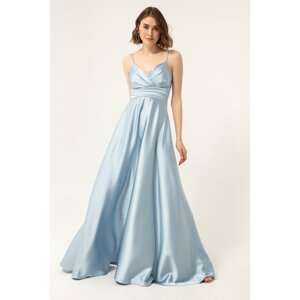 Lafaba Women's Baby Blue Satin Long Evening Dress & Prom Dress with Thread Straps and Waist Belt