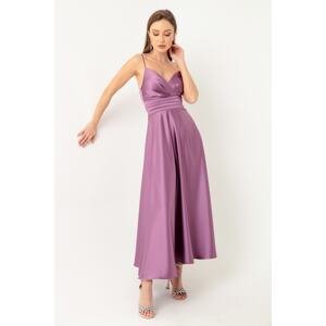 Lafaba Women's Lavender Rope Strap Waist Belted Satin Midi Evening Dress & Graduation Dress