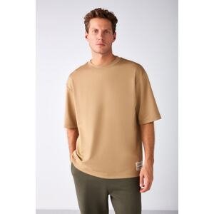 GRIMELANGE Joel Men's Oversize Fit Special Textured Thick Fabric Beige T-shirt with Large Ornamental Label
