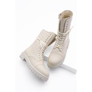 Marjin Women's Genuine Leather Boots Boots with Lace-Up Zipper, Serrated Sole Mascara Daily Boots Vicose Beige.