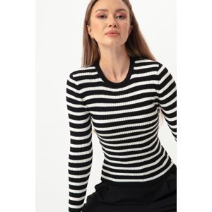 Lafaba Women's Black Striped Ribbed Lycra Knitwear Sweater
