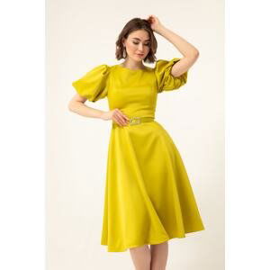 Lafaba Women's Pistachio Green Balloon Sleeves Stony Belted Mini Satin Evening Dress