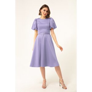 Lafaba Women's Lilac Mini Satin Evening Dress with Balloon Sleeves and Stones.