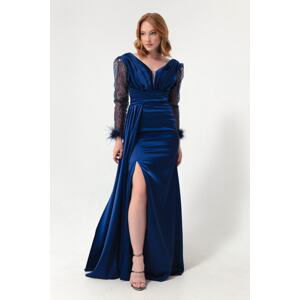 Lafaba Women's Navy Blue V Neck Sleeves Stoned Slit Long Evening Dress