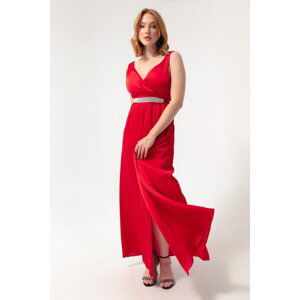 Lafaba Women's Red Double Breasted Collar With Stones and Belt Long Evening Dress.