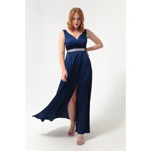Lafaba Women's Navy Blue Double Breasted Collar With Stones and Belt Long Evening Dress.