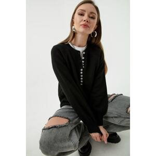 Lafaba Women's Black Button-down Turtleneck Striped Knitwear Sweater