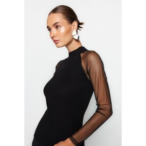 Trendyol Black Tulle Sleeve Detailed Knitwear Sweater