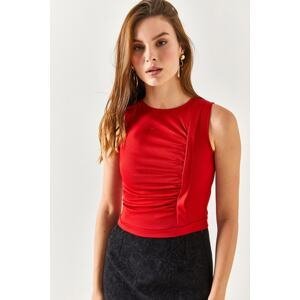 Olalook Women's Red Crepe Blouse with Pleated Side Detail