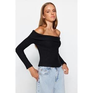Trendyol Black Knitwear Look Carmen Collar Fitted/Situated Crop Knitted Blouse