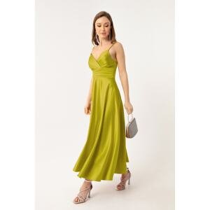 Lafaba Women's Pistachio Green Rope Strap Waist Belted Satin Midi Evening Dress & Graduation Dress