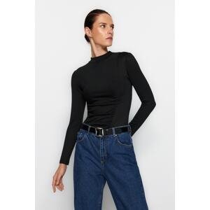 Trendyol Black Knitwear Look, Fitted/Sticky Collar Knitted Blouse With Drape