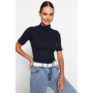 Trendyol Navy Blue Standing Collar Fitted/Simple Short Sleeve Flexible Ribbed Knitted Blouse