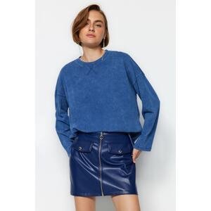 Trendyol Indigo Worn/Faded Effect Relaxed/Comfortable fit Crew Neck Long Sleeve Knitted T-Shirt