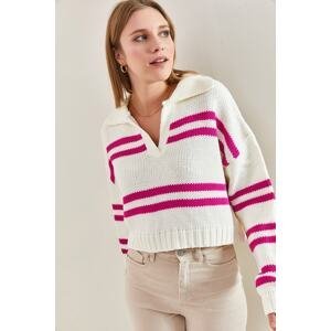 Bianco Lucci Women's Polo Neck Striped Knitwear Sweater