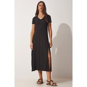 Happiness İstanbul Women's Black V-Neck Summer Viscose Knitted Dress