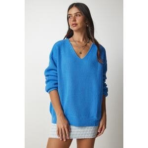 Happiness İstanbul Women's Light Blue V-Neck Oversize Basic Knitwear Sweater