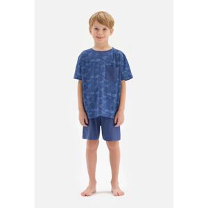 Dagi Navy Blue Printed Printed Pocket Detailed Short Sleeve T-Shirt, Shorts and Pajamas Set.