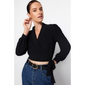 Trendyol Black Double Breasted Closure With Tie Detail Crop Flexible Knitted Blouse
