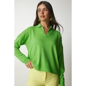 Happiness İstanbul Women's Light Green Polo Collar Basic Sweater