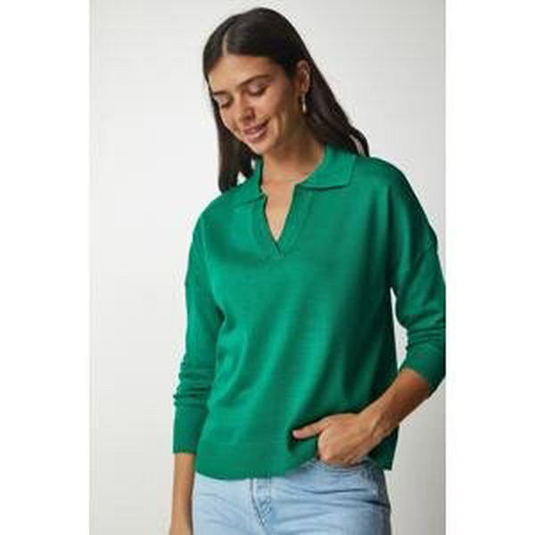 Happiness İstanbul Women's Dark Green Polo Collar Basic Sweater