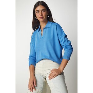 Happiness İstanbul Women's Light Blue Polo Collar Basic Sweater