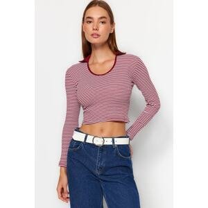 Trendyol Claret Red Striped Crop Slim Polo Neck Corduroy Stretch Knitted Blouse