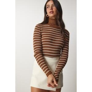 Happiness İstanbul Women's Brown Striped Turtleneck Knitwear Sweater