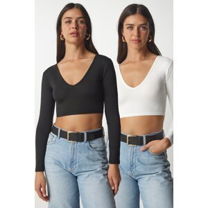 Happiness İstanbul Women's Black and White V-Neck 2-Pack Crop Top