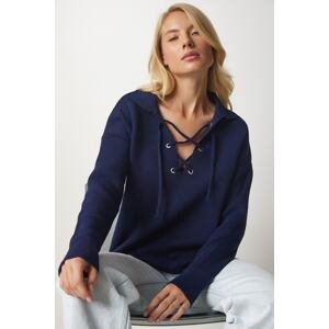 Happiness İstanbul Women's Navy Blue Lace-Up Knitwear Sweater