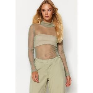 Trendyol Khaki Fitted Stand-Up Collar Tulle Knitted Blouse