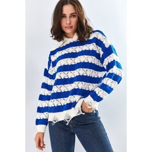 Bianco Lucci Women's Polo Neck Ripped Patterned Knitwear Sweater