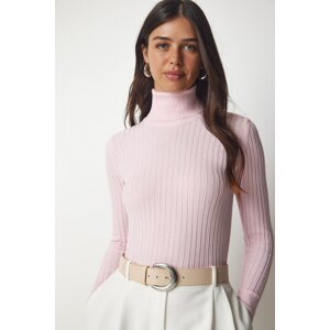 Happiness İstanbul Women's Light Pink Turtleneck Corduroy Basic Sweater