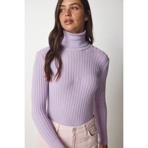 Happiness İstanbul Women's Lilac Turtleneck Corduroy Basic Sweater