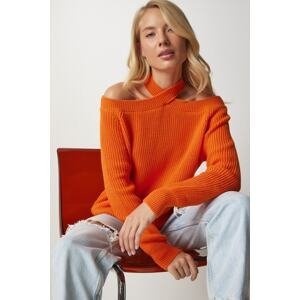 Happiness İstanbul Women's Orange Off-the-Shoulder Knitwear Sweater