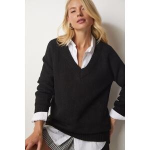 Happiness İstanbul Women's Black V-Neck Loose Knitwear Sweater