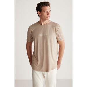 GRIMELANGE Christopher Men's Long Fit Flowing Fabric Embroidered Beige T-shir