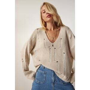 Happiness İstanbul Women's Cream Ripped Detailed Knitwear Sweater