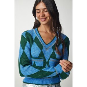 Happiness İstanbul Women's Blue Green Diamond Pattern Pocket Knitwear Sweater